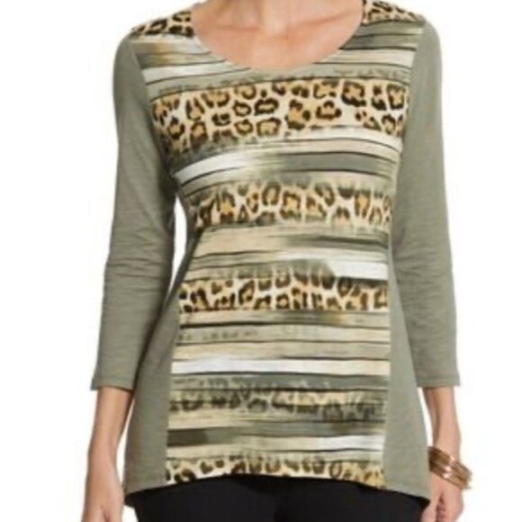 Chico's Top 1 Women's Size 8 Olive Animal Print Leopard Striped 3/4 Sleeve Boho - Picture 11 of 12